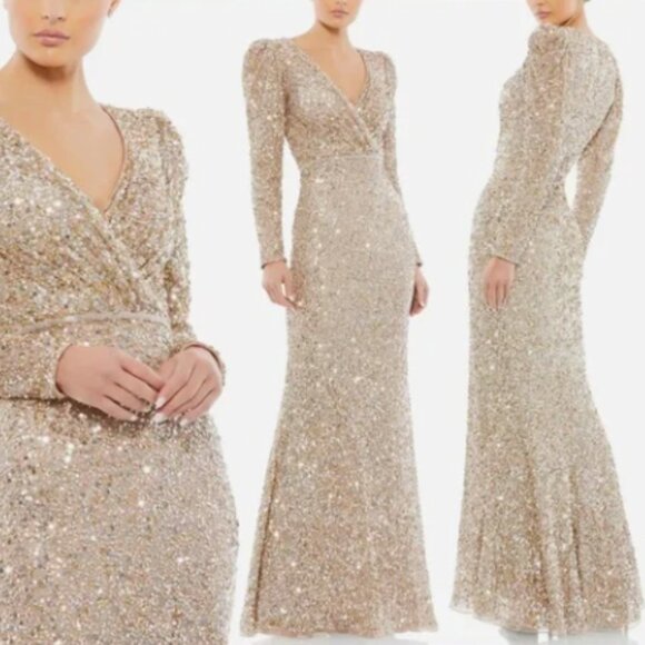 MAC DUGGAL 5510 PUFF SHOULDER SEQUINED SURPLICE SHIMMERING GOLD GOWN sz 8 - Picture 2 of 8